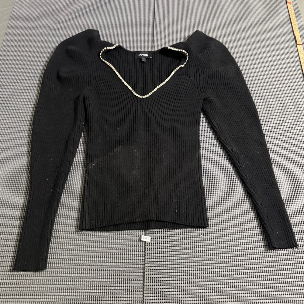 Express Womens Medium Black Ribbed Rhinestone Sweetheart Puff Sleeve Top